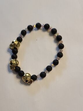 Skull Charm Black Lava Bead Bracelet with Crystal Accents